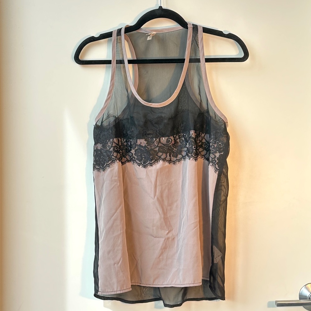 Two toned tank top with black lace details and sheer see through back size S